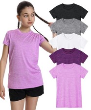 5 Pack Girls Athletic Shirts Solid Color Summer Dry Fit Short Sleeve Sports T...