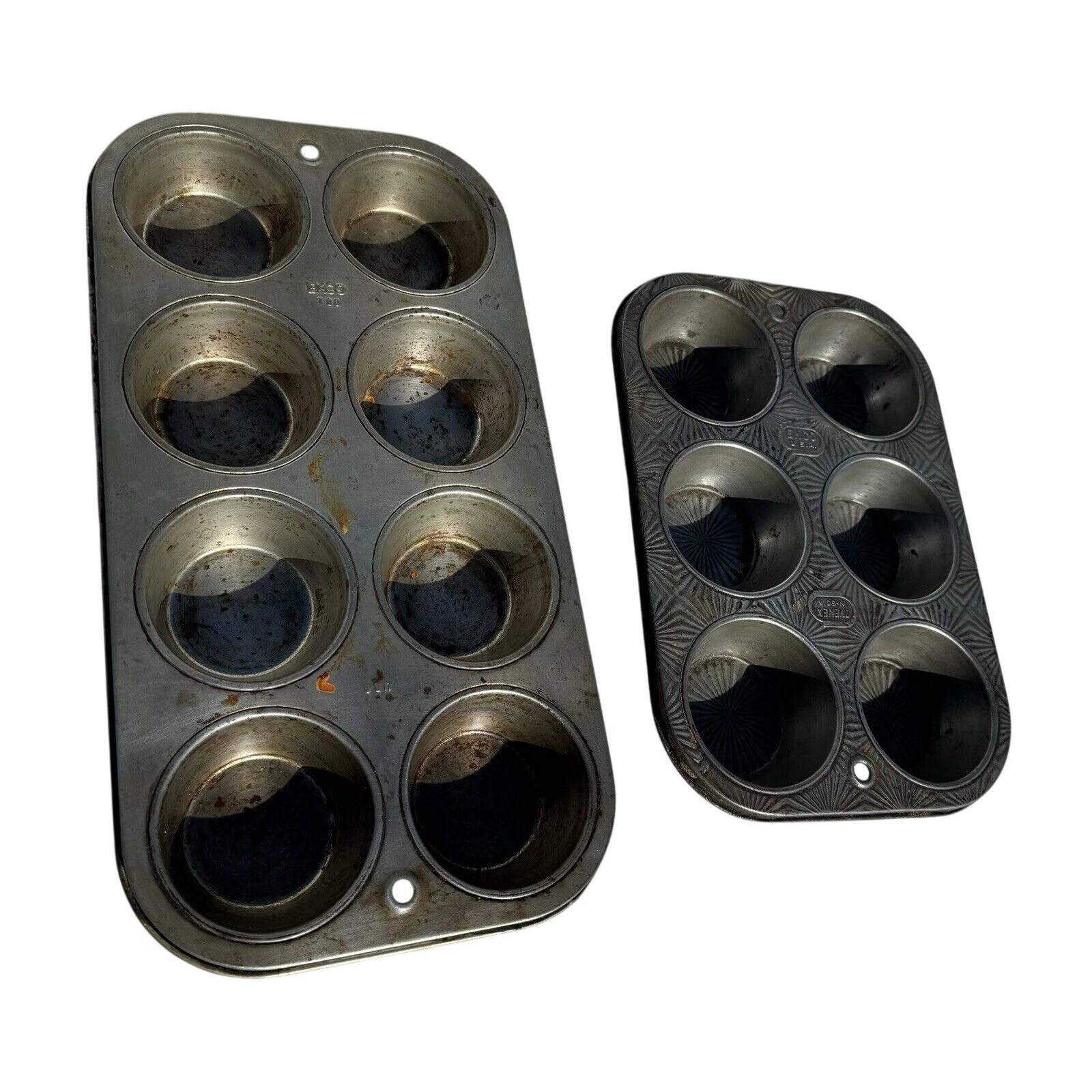 Vtg Pair 2 EKCO U.S.A. OVENEX Mini Starburst Muffin Tins Baking Pan Shiny - HLBN