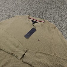 NEW Tommy Hilfiger Sweater Mens S Beige Tan Knit Crewneck Pullover Logo Preppy