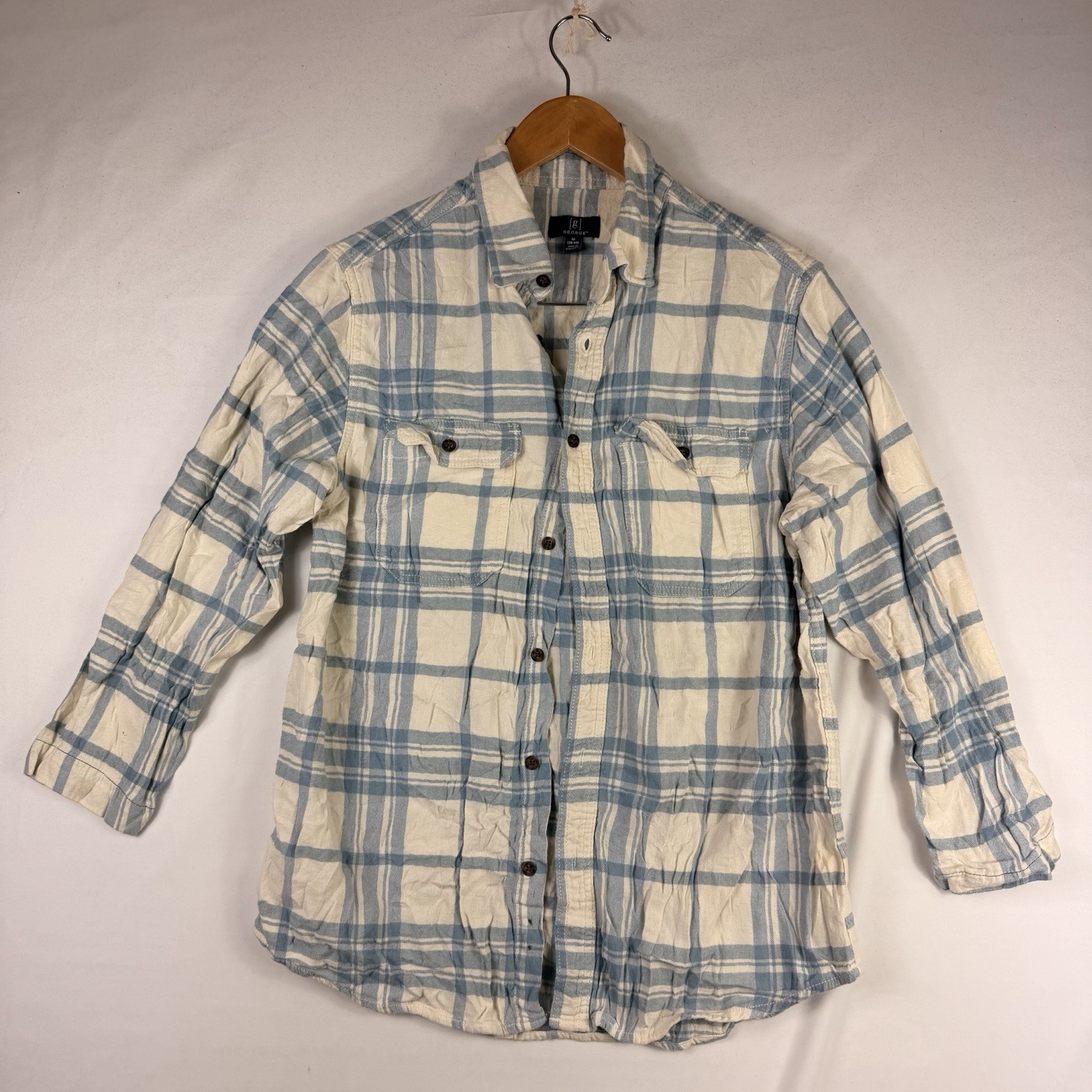 Men's George Flannel Shirt Size M Plaid Collared Button Down Long Sleeve White
