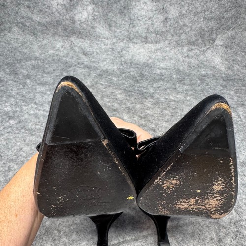Stuart Weitzman Point Toe Kitten Heels Sz 7 Slingback Rhinestone Black Satin - Picture 9 of 10