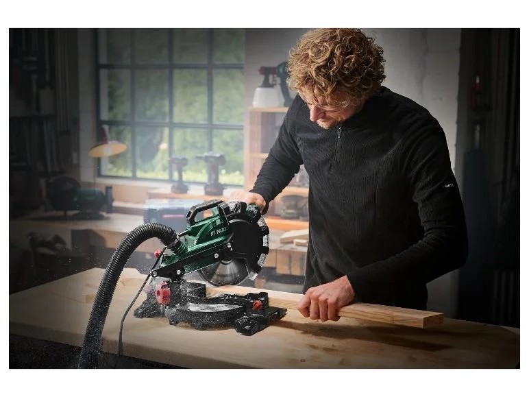 Scie à onglet PARKSIDE PKS1500 radiale compacte pour découpe de bois d'atelier