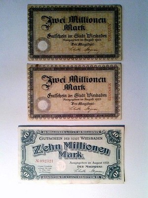 Banknoten, 2x 2 Millionen und 1x 10 Millionen Mark, Stadt Wiesbaden, 1923, Konvo