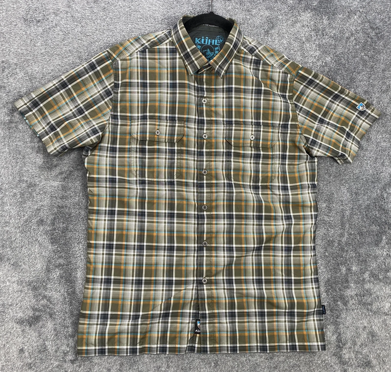 Kuhl Shirt Mens Medium Green Plaid Short Sleeve Button Up Hiking Outdoor