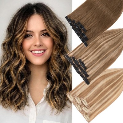 100% Remy Human Hair Extensions Clip In Thick Hair Pad Hairpiece Patches 6pieces