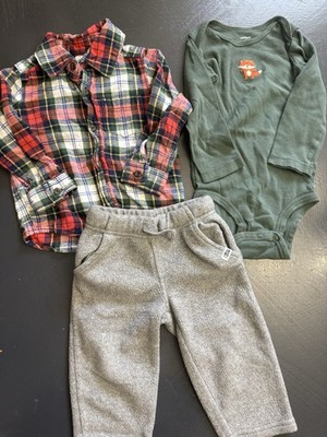 Toddler Boys 3 Piece Outfit Lot Plaid Flannel Fox Bodysuit Gray Pants Carter s