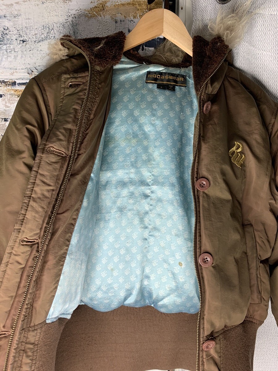 ジャケット・アウター archive grunge fur down jacket y2k brown Vtg Y2K Rocawear Brown Embroidered Down Puffer Cropped