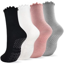 Pilates Yoga Women Socks 4 Pairs Non Slip Grips Reformer Hospital Socks for W...