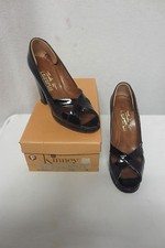 Vintage 1940's Style Black Patent Peep Toe Platform Heel Shoes Strappy