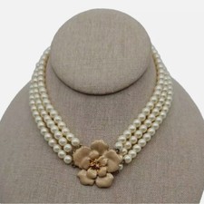 Faux Pearl Triple Strand Collar Enamel Beige Rose Fashion Necklace 14 in.
