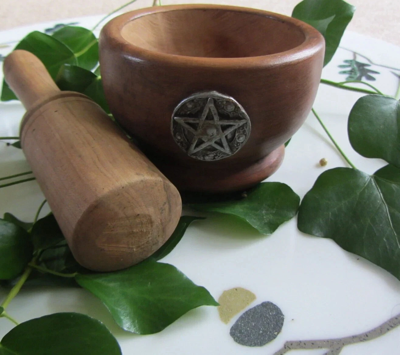 Wooden Pestle And Mortar With Pentacle Detail