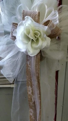BURLAP 6 PC IVORY WEDDING PEW BOWS WITH BURLAP & LACE RUSH ORDERS AVAILABLE - Image 1 of 2