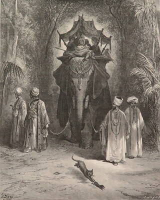1870 Gustave Dore Large Engraved Bookplate for Jean Fountaine  Rat & Elephant''