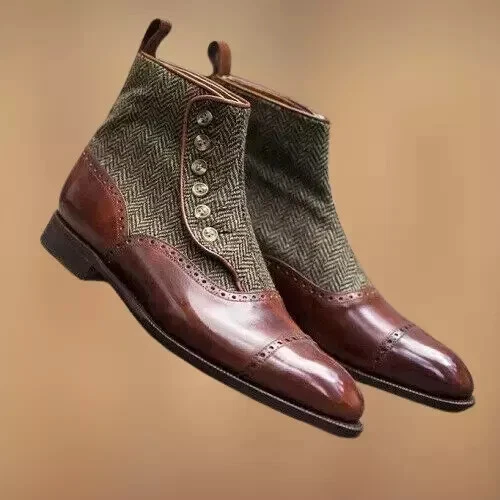 Handmade Men Cap Toe Two Tone Button Boots, Mens Brown Tweed Button Boot