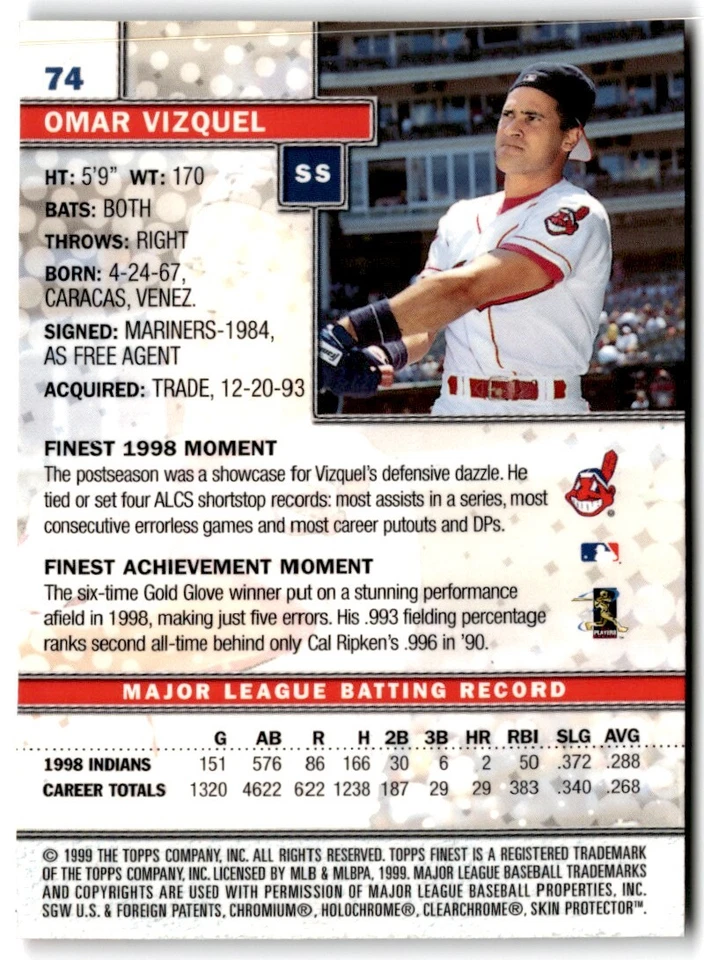 1999 Finest w/ Coating Omar Vizquel v Cleveland Indians #74 - Image 2 of 2