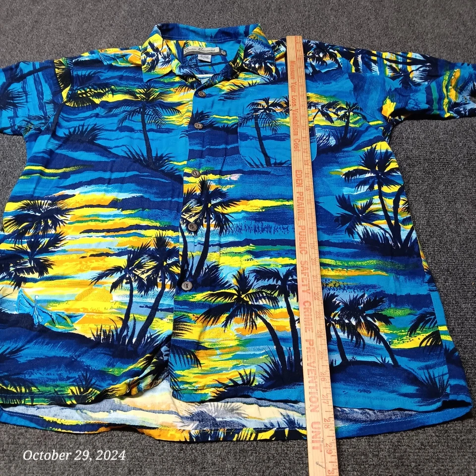 VTG Ocean Current Hawaiian Shirt Men Large Blue Palm Tree Sun Set Print - Image 3 of 4