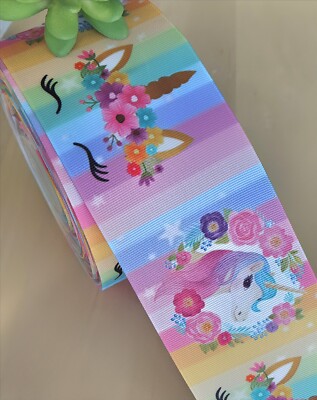 7/8, 1.5 & 3'' (1 YD) Unicorn Grosgrain Ribbon Rainbow Flowers Pony Mystical 