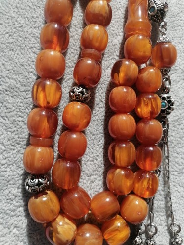 German Sandalus Cherry Amber Bakelite 33 Prayer Beads Tesbih Misbaha Rosary - Picture 14 of 23
