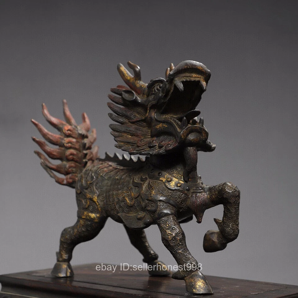 China Cobre Dorado Palacio Foo Perro León Qilin Kirin Kylin Bestia Estatua 30cm Foto 3 de 4