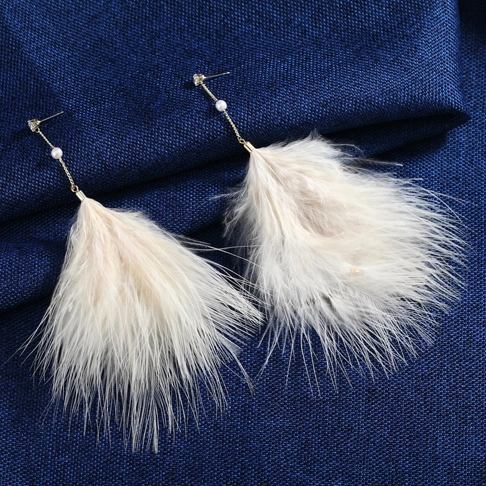 18K Yellow Gold Filled Cubic Zirconia & Pearl 12.7cm Long Feather Earrings Foto 2 de 4