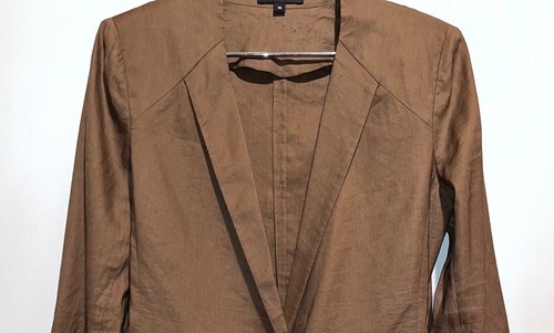 Paperwhite Women's Linen Brown Blazer Lightweight Pleated Cuffs Pearl Buttons 8 - Picture 3 of 7