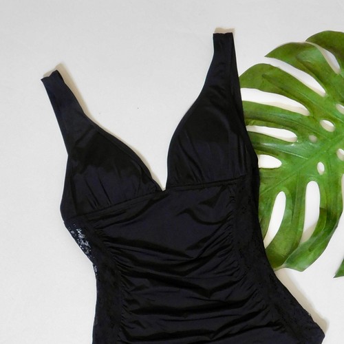 TOMMY BAHAMA Black Swimsuit Floral Lace Panel Sides One Piece Shirring Size 16 - Picture 4 of 14