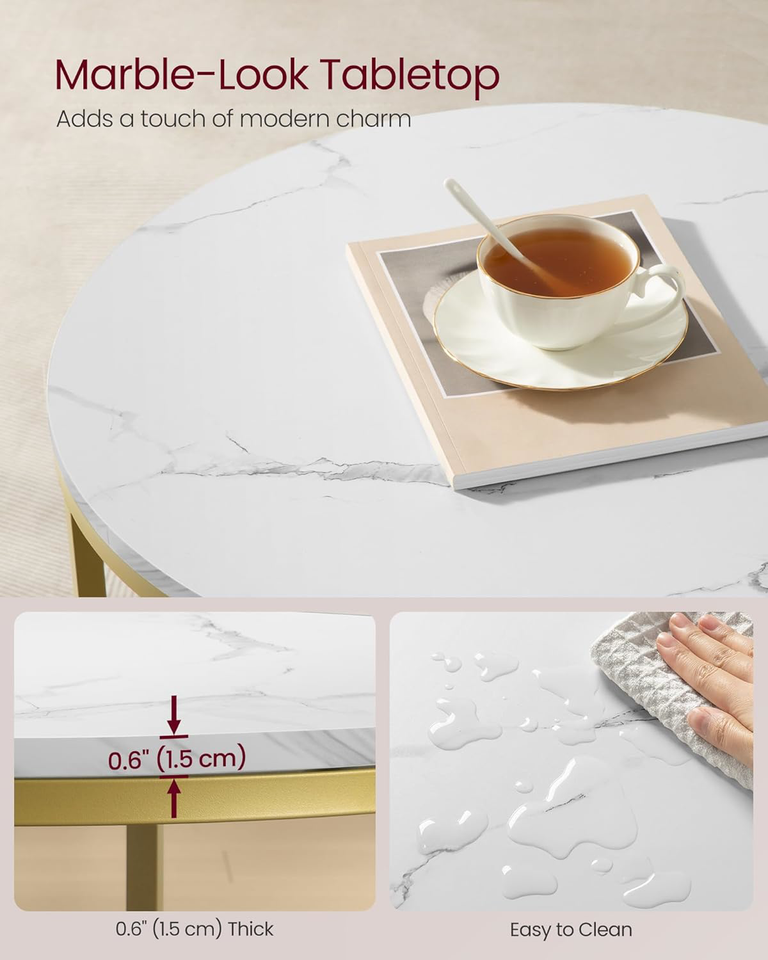 VASAGLE Round Coffee Table, Small Coffee Table with Faux Marble Top and