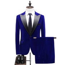 Men's Royal Blue Velvet Peak Lapel Luxury Party Dinner Groom Tuxedo Wedding Suit