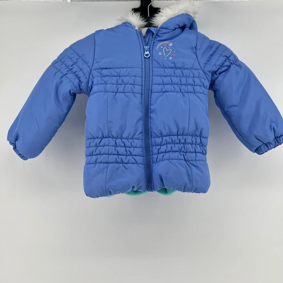 London Fog Kids Puffer Coat Jacket S/4 Blue Faux Fur Hood Embroidered Hearts - Image 2 of 4