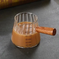 1pcs 180ml - 6oz Glass Espresso Measuring Cup with Wooden Handle & Scale - NEW