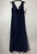 Bari Jay Navy Solid Tulle V-Neck Sleeveless Lined Long Formal Gown Size 12