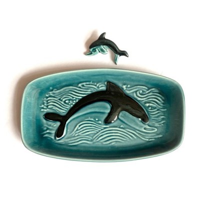 Poole Pottery Delphin Dish & Pin Badge/Broach Set-Mid-Century English Ceramics
