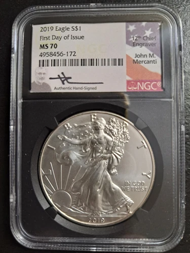 2019 AMERICAN SILVER EAGLE NGC MS70 FDI JOHN MERCANTI SIGNED FLAG LABEL 