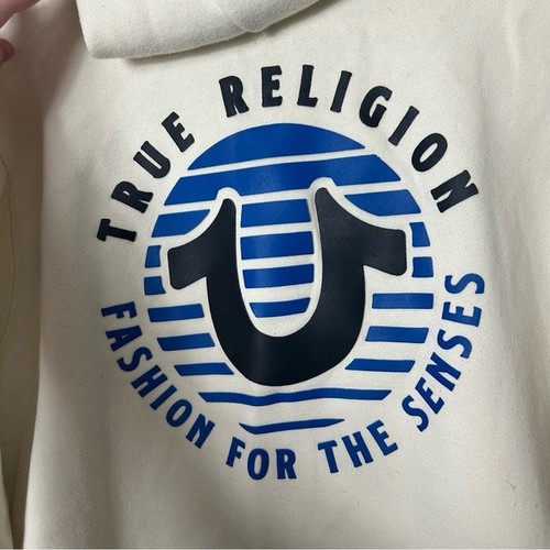 True Religion ivory stripe logo back full zip hoodie men's L - Picture 8 of 11