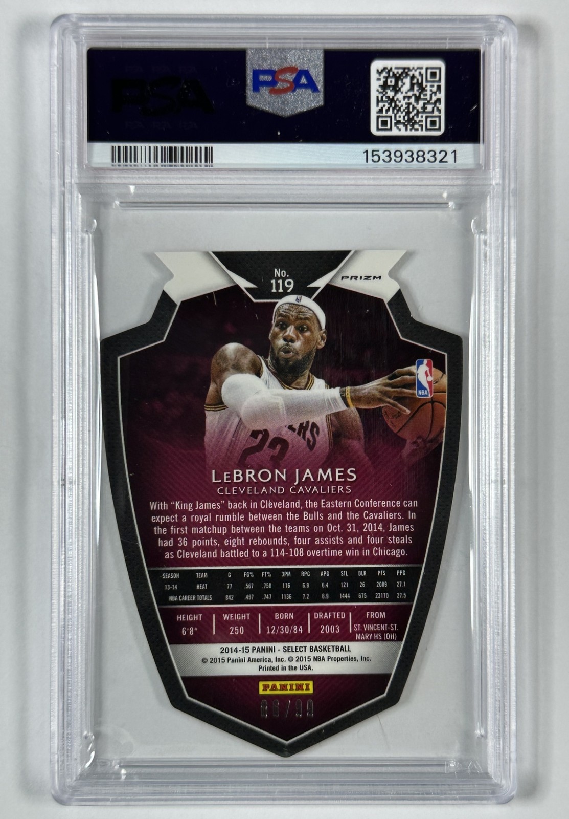 LEBRON JAMES PSA 9 2014-15 PANINI SELECT #119 PURPLE PRIZM DIE CUT 86/99 view 2