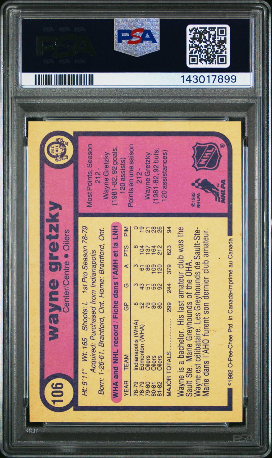 1982 O PEE CHEE WAYNE GRETZKY # 106 PSA 5 view 2