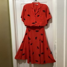 Vintage 80s Liz Claiborne Red Blouse And Skirt Set Secretary Rockabilly 8 EX