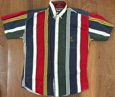 Vintage Chaps Ralph Lauren Shirt Mens Medium Striped Vertical Crest Short Sleeve