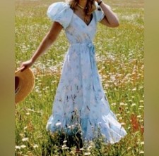 EUC Love Shack Fancy X Target Estelle Blue Floral Puff Sleeve Midi Dress Size 10
