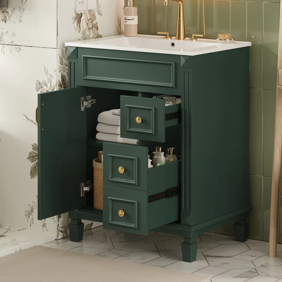 Tocador de baño de 24" con fregadero de cerámica, mueble lavabo de baño pequeño con 2 cajones Foto 3 de 4