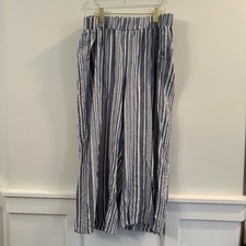 Women  s Cupio Navy and White Striped linen wide leg pants