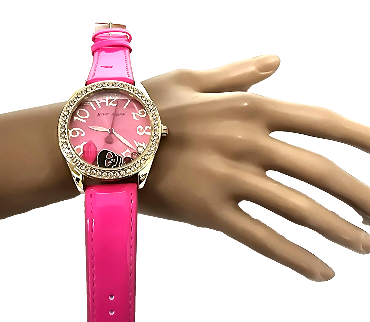 I*1様 超美品　★Betsey Johnson ストーン付き腕時計★ NEW BETSEY JOHNSON HOT PINK PATENT, GOLD TONE MOVING CRYSTALS