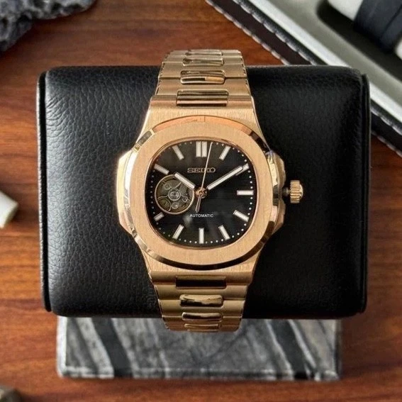 NAUTEIKO Oro Rosa Negro Esfera Corazón Abierto – NH38 Automático | Acero 316L | Zafiro Foto 2 de 4