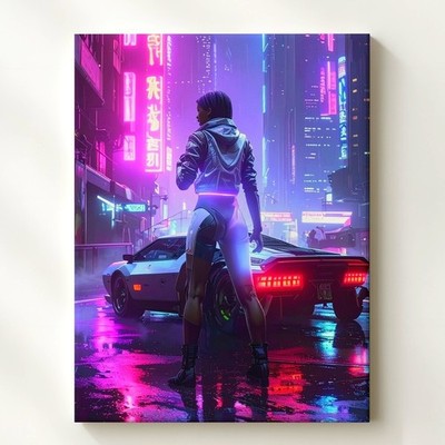 Neon Future Canvas Cyberpunk Cityscape With Lone Figure & Sci-Fi Car Some Wall