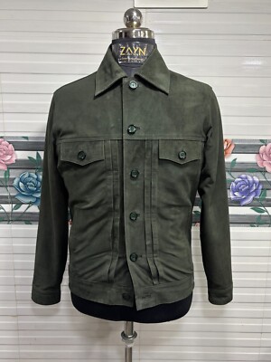 Men's 100% Pure Suede Leather Green Jacket Button Down Classic Trucker Jacket