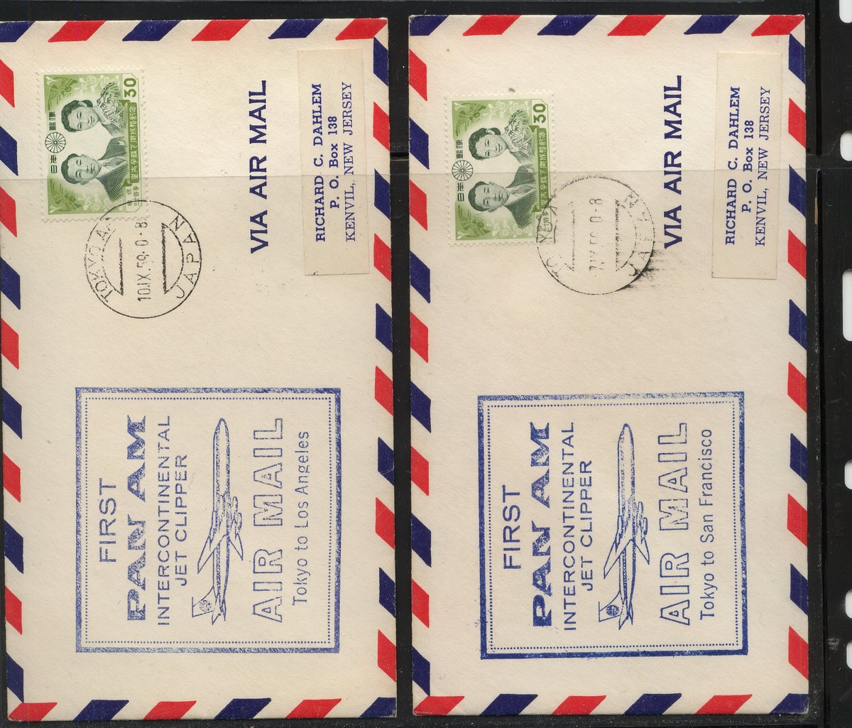 Japan 2 first flight covers to San Francisco and Los Angles MS0822
