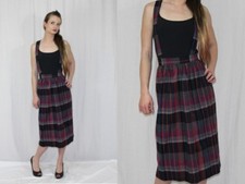 Vintage 80s Wool Blend PLAID High Waist Suspender Jumper Retro Midi Dress XS