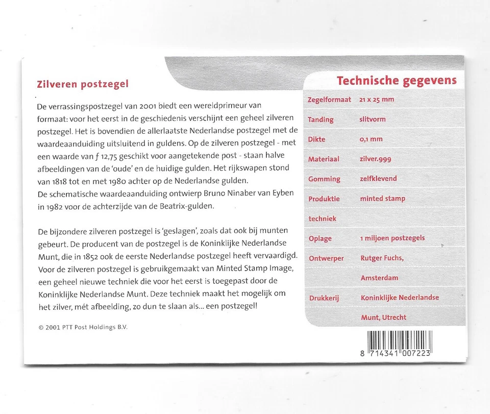 Países Bajos 12,75 florines 2001, sello de plata 999 en carpeta. BB13 Foto 2 de 2