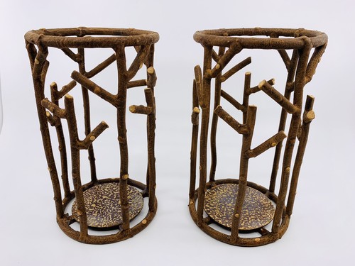 Set of 3 Rustic Metal Brown Stick Twig Branches Wood Look Pillar Candle Holders - Picture 8 of 15