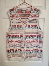 Vintage Northern Reflections Knit Hearts Floral Button Up Sweater Vest Size L